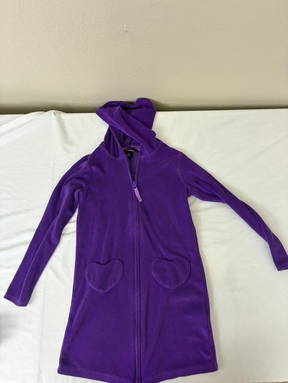 Lands' End Girls L 6X-7 Zip Front Hooded Purple Cozy Swim Coverup Heart Pocket